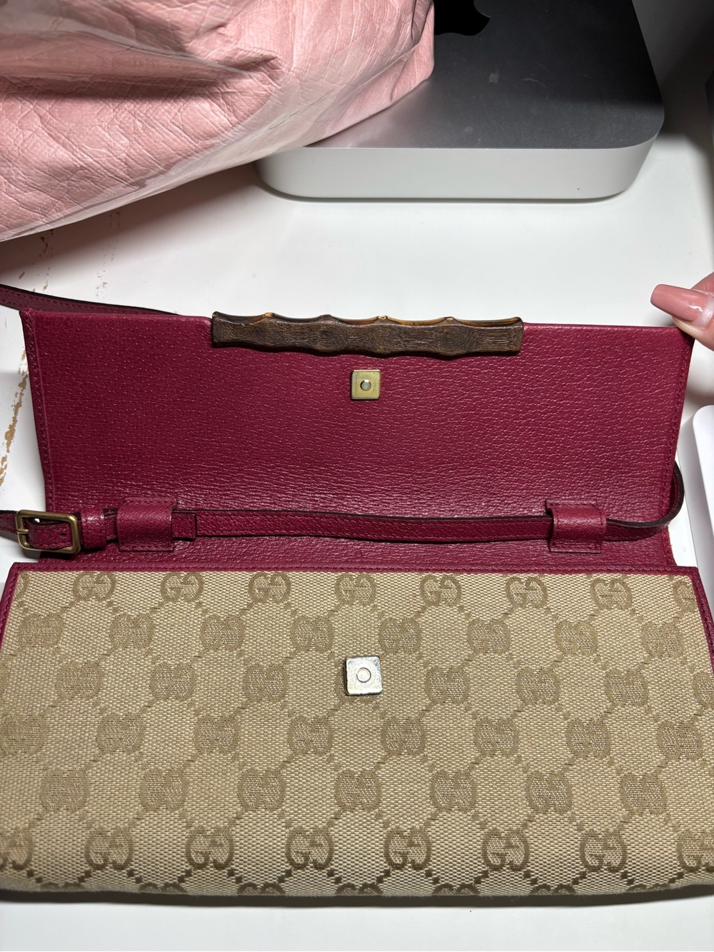 Gucci Beige GG Canvas Continental Crossbody bagwith Burgundy Trim and Bamboo Bar